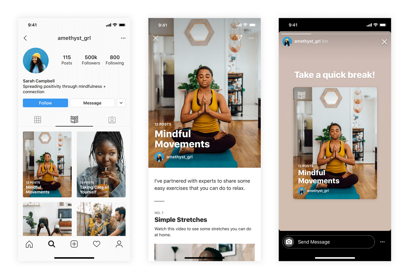 Wellness creator sharing mindfulness and exercise tutorials on Instagram stories
