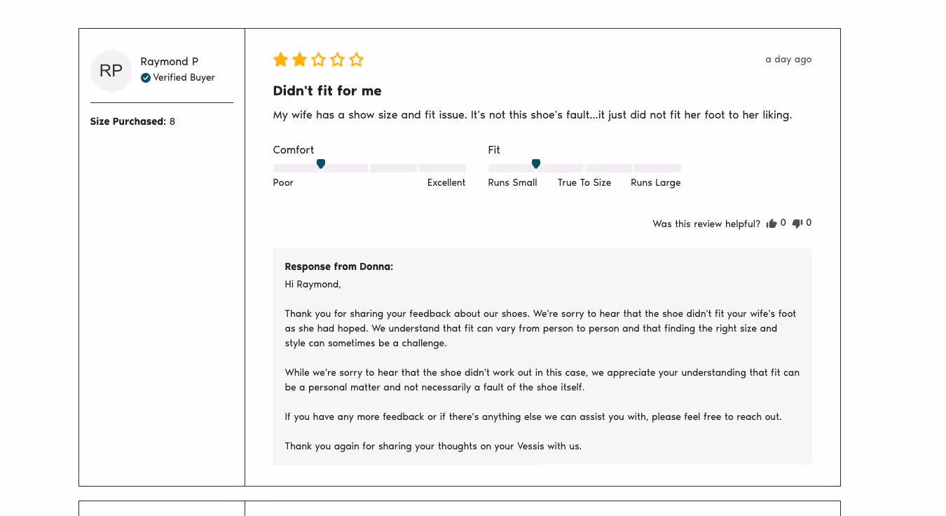 Ecommerce customer review with a detailed brand response demonstrating attentive customer service