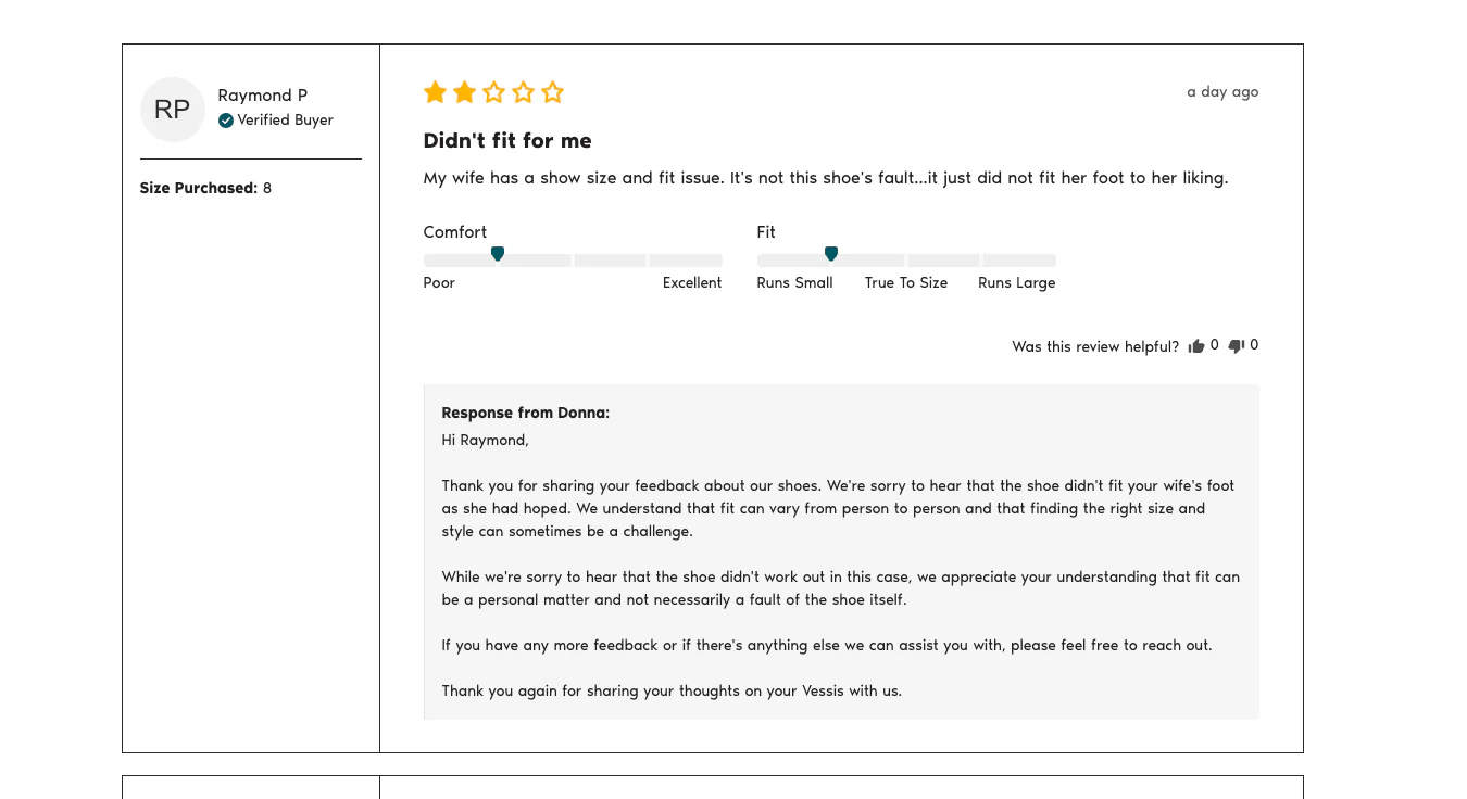 Ecommerce customer review with a detailed brand response demonstrating attentive customer service