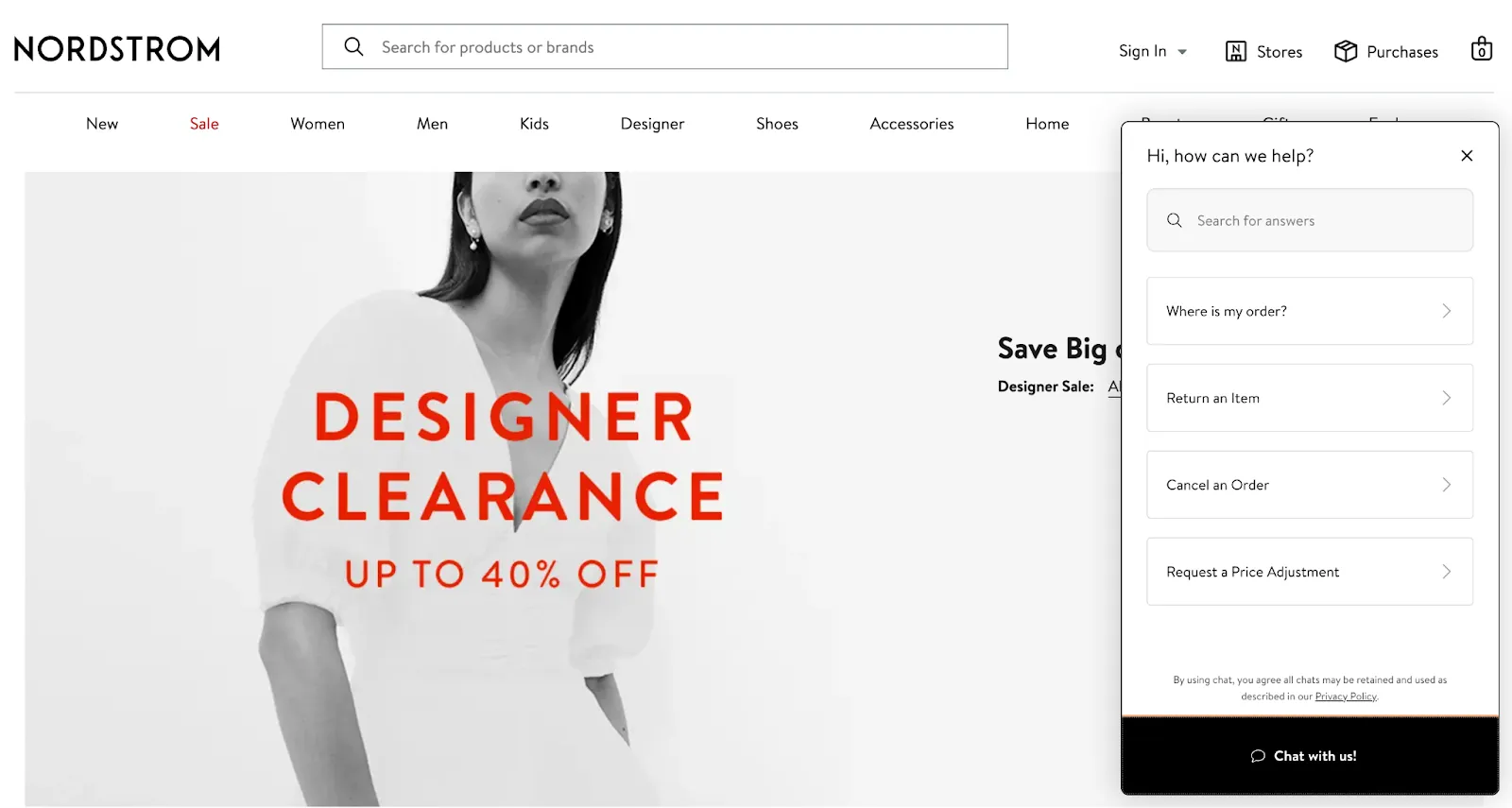 Nordstrom customer support interface showing live help and order assistance options