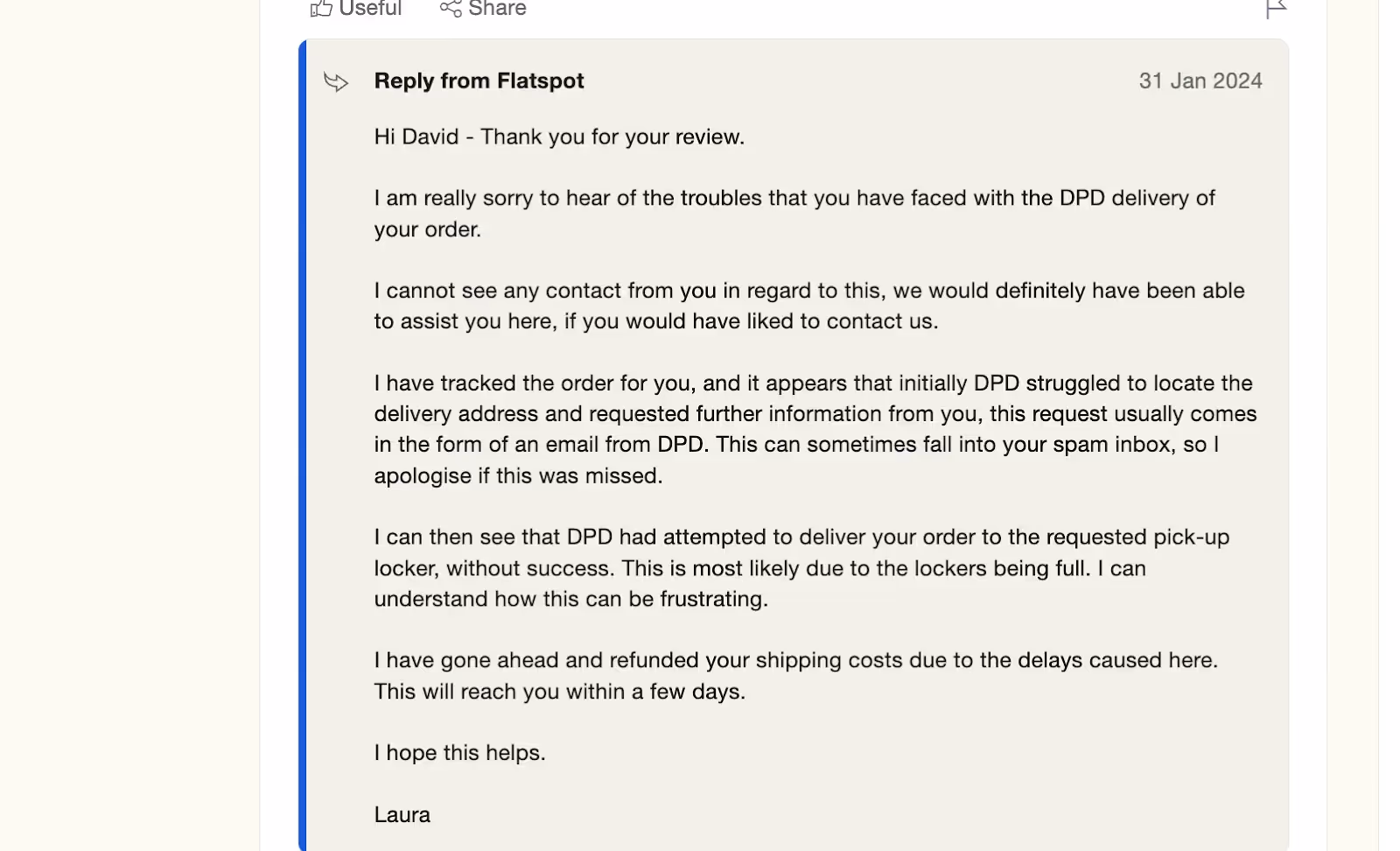 Customer support email response addressing a delivery issue and refund request
