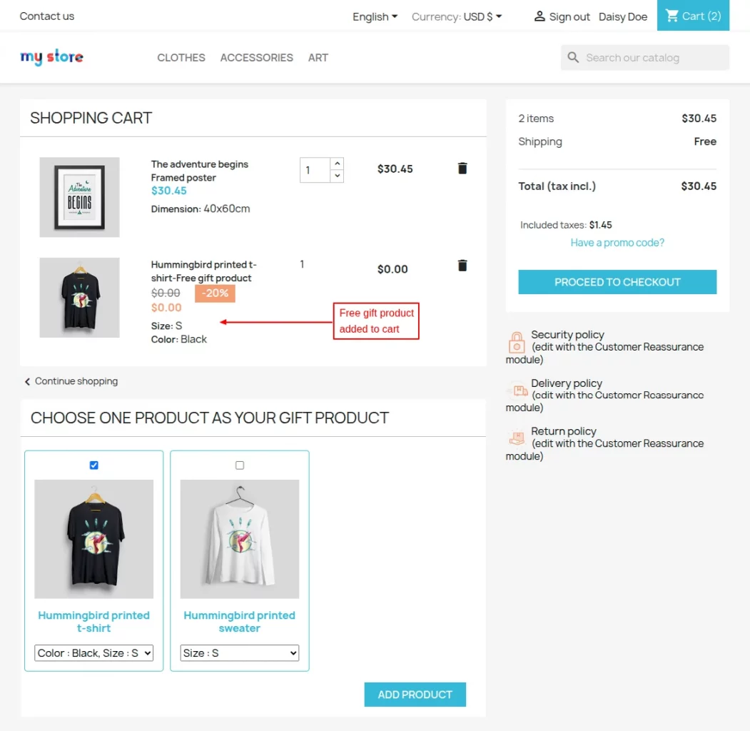 Ecommerce shopping cart showing a free gift automatically added to the customer order