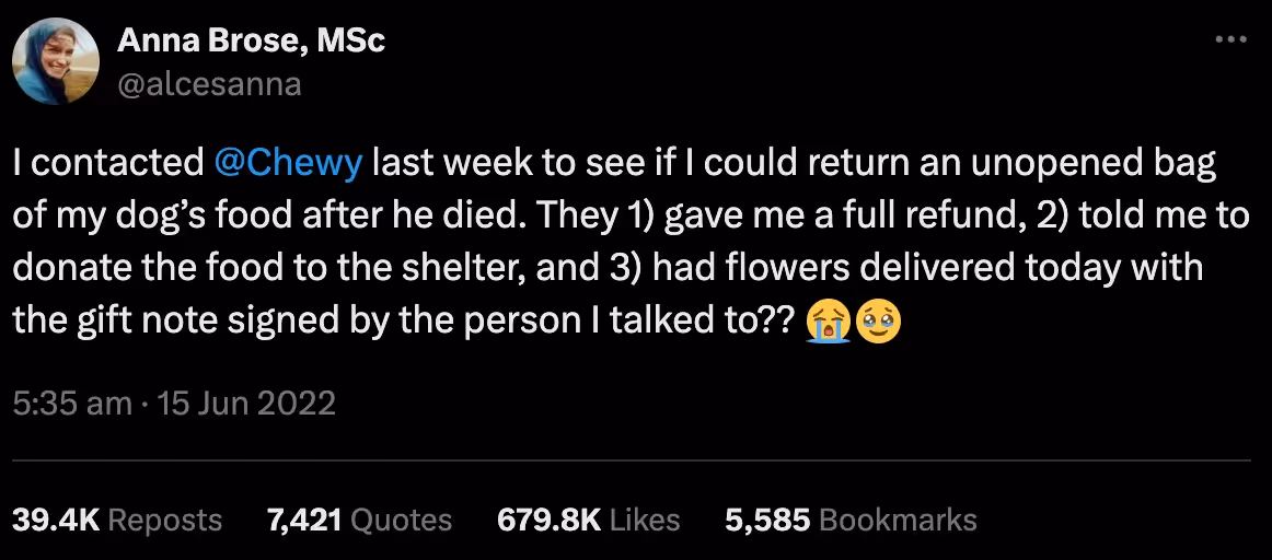 Customer tweet describing Chewy sending flowers after a pet passed away