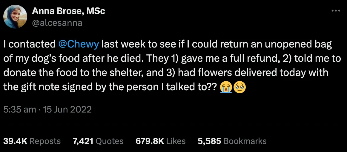 Customer tweet describing Chewy sending flowers after a pet passed away