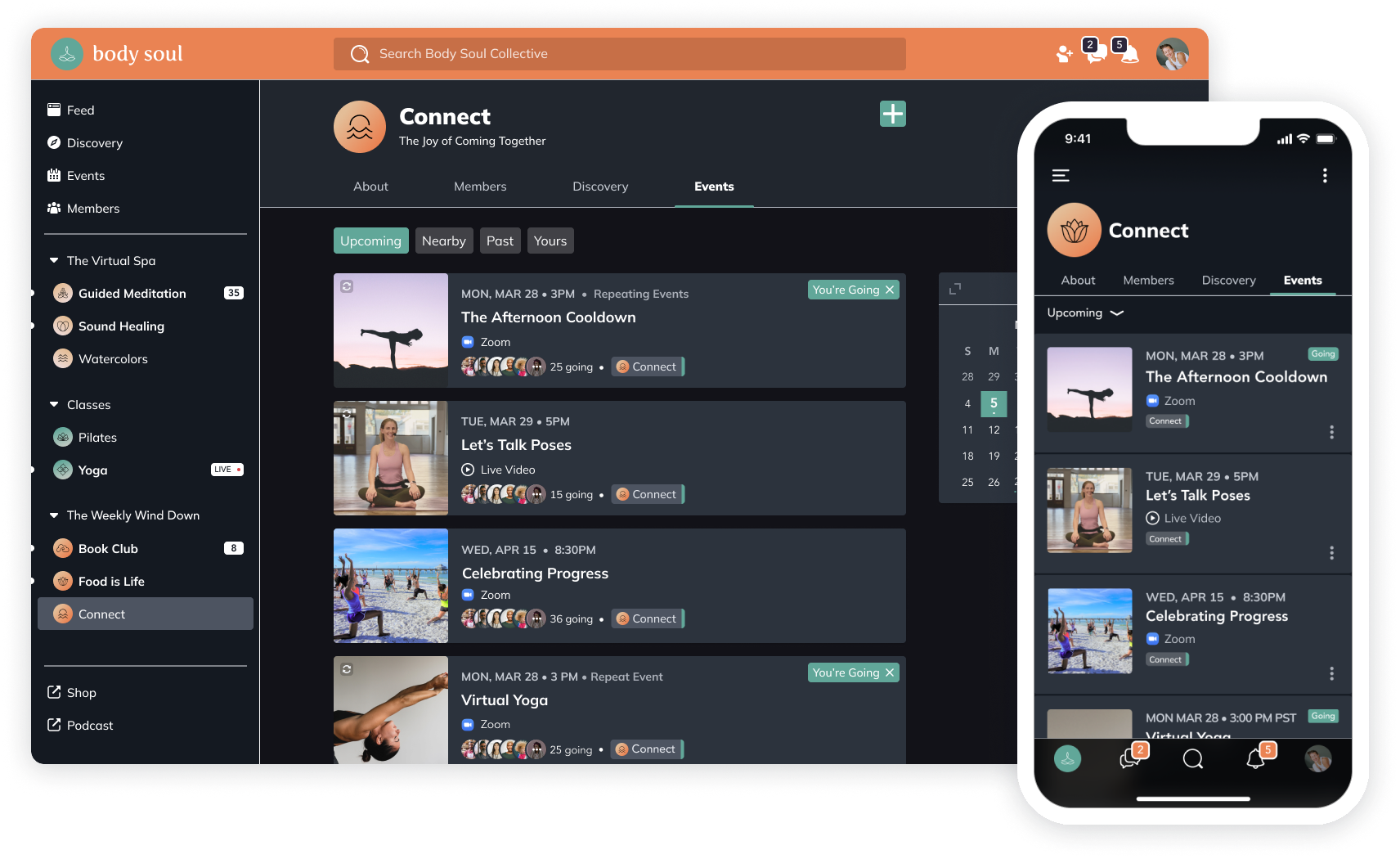 Online brand community platform showing upcoming wellness events and member discussions