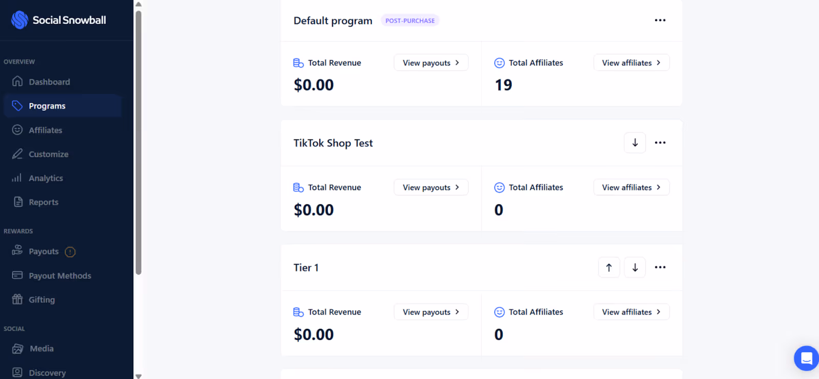 Social Snowball dashboard showing referral program analytics and affiliate tracking