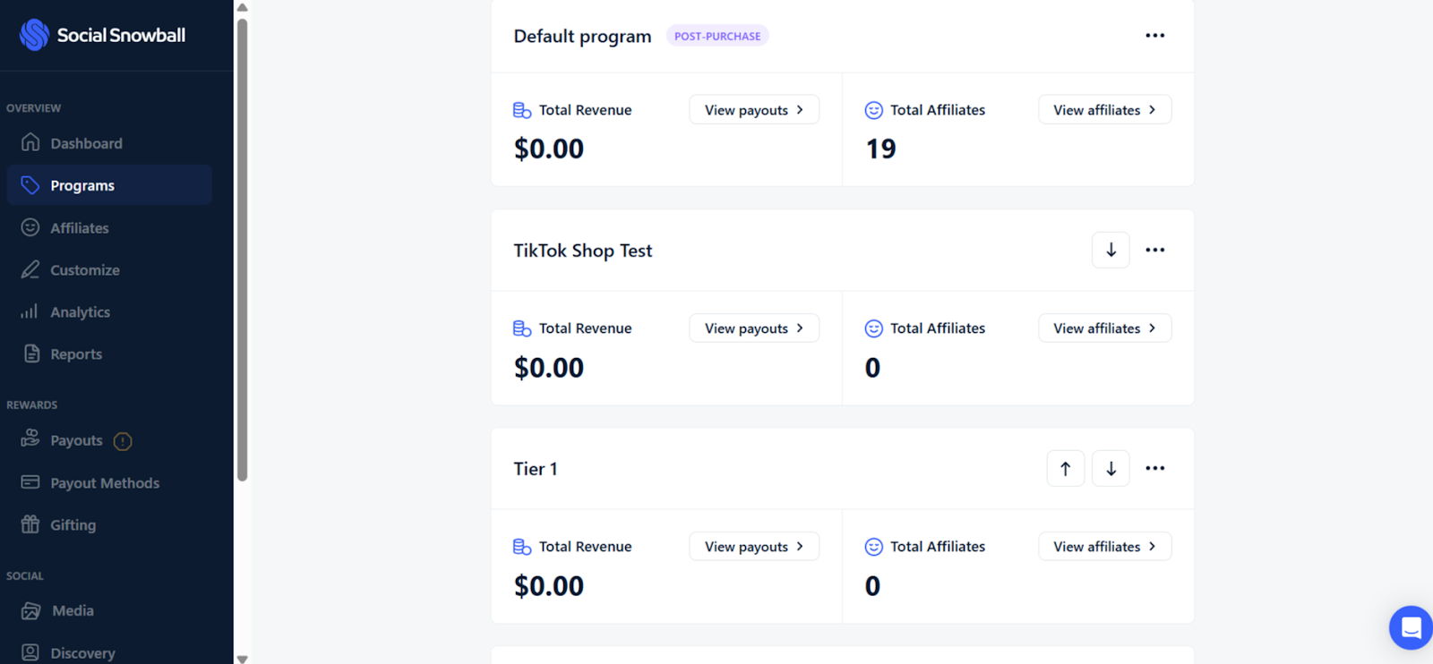 Social Snowball dashboard showing referral program analytics and affiliate tracking