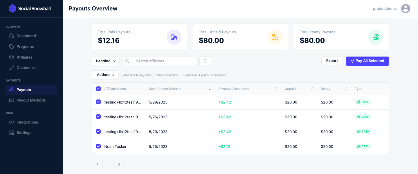 Social Snowball Payouts Overview dashboard showing $12.16 total paid, $80.00 unpaid, and $80.00 ready payouts, with a table listing four selected affiliates with cash payout amounts of $20.00 each.