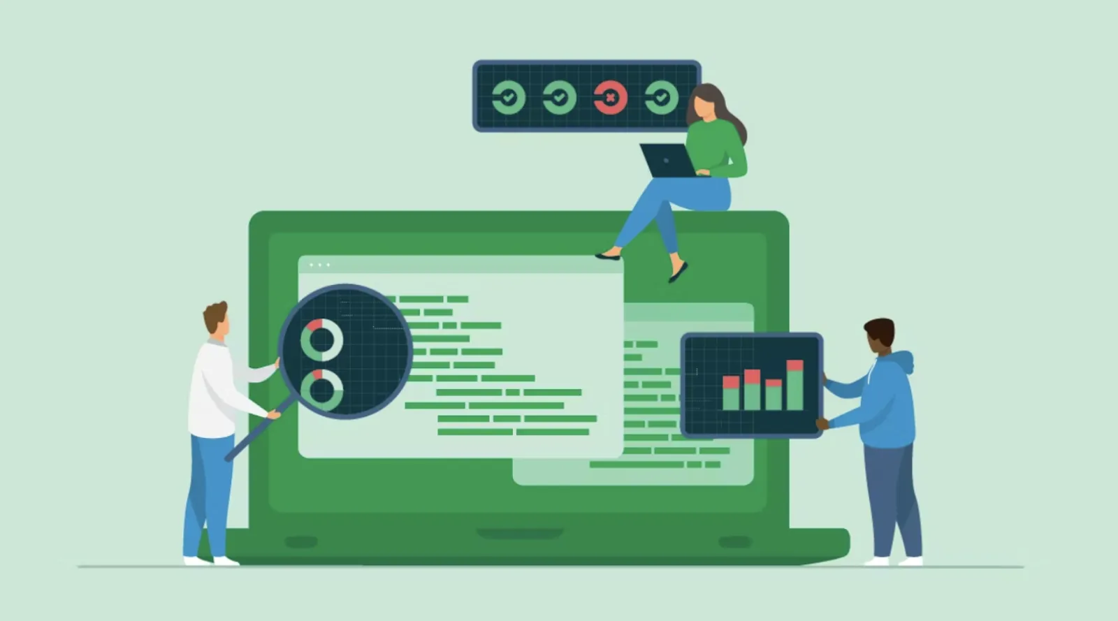 Illustration of three people interacting with a large laptop screen displaying code. One person is holding a magnifying glass over the code, another person is sitting on top of the laptop working on a smaller laptop, and a third person is holding a tablet showing a bar chart. Above the laptop screen, there is a status bar with checkmarks and an error symbol.