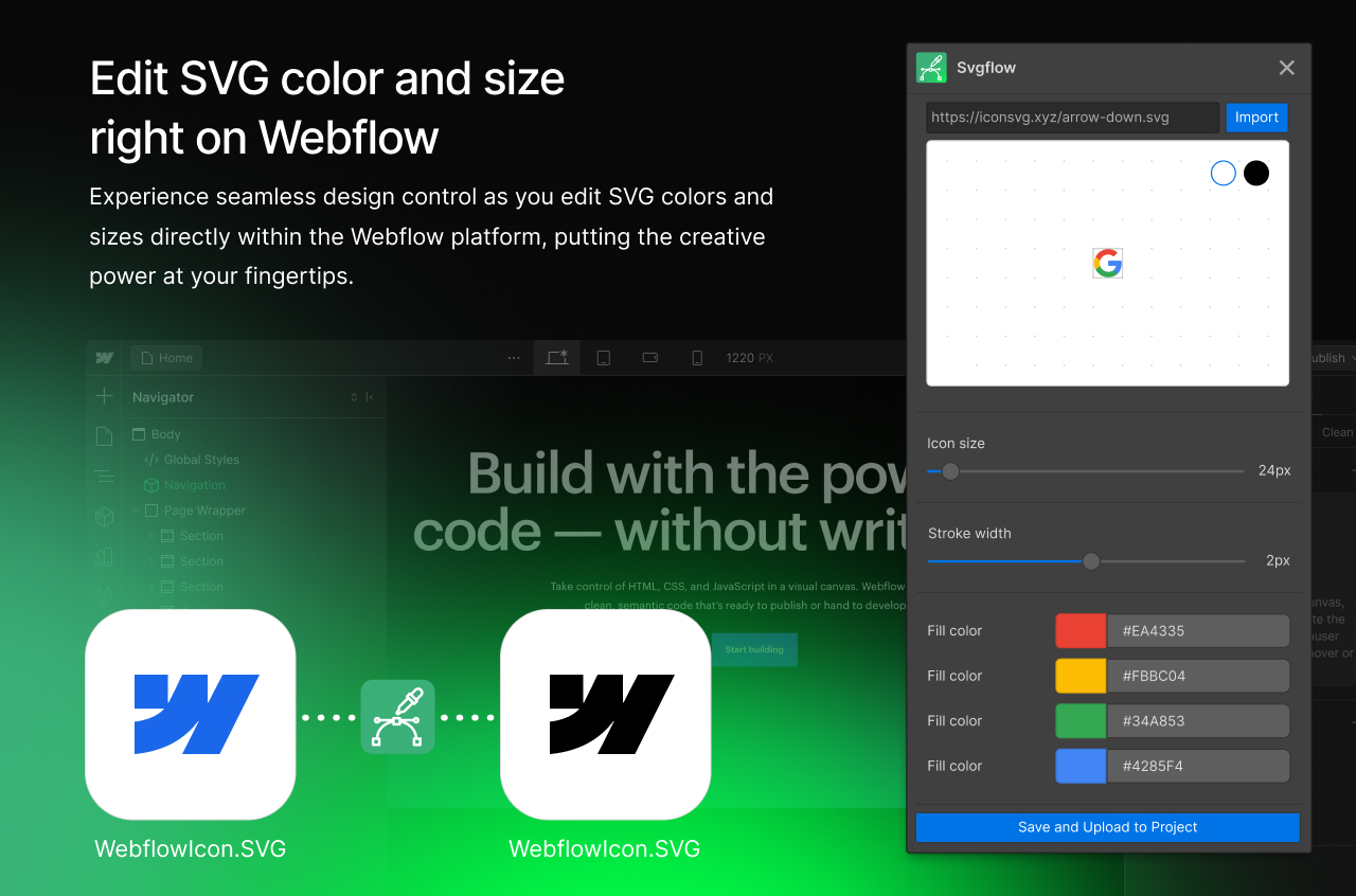Edit SVG color and size right on Webflow