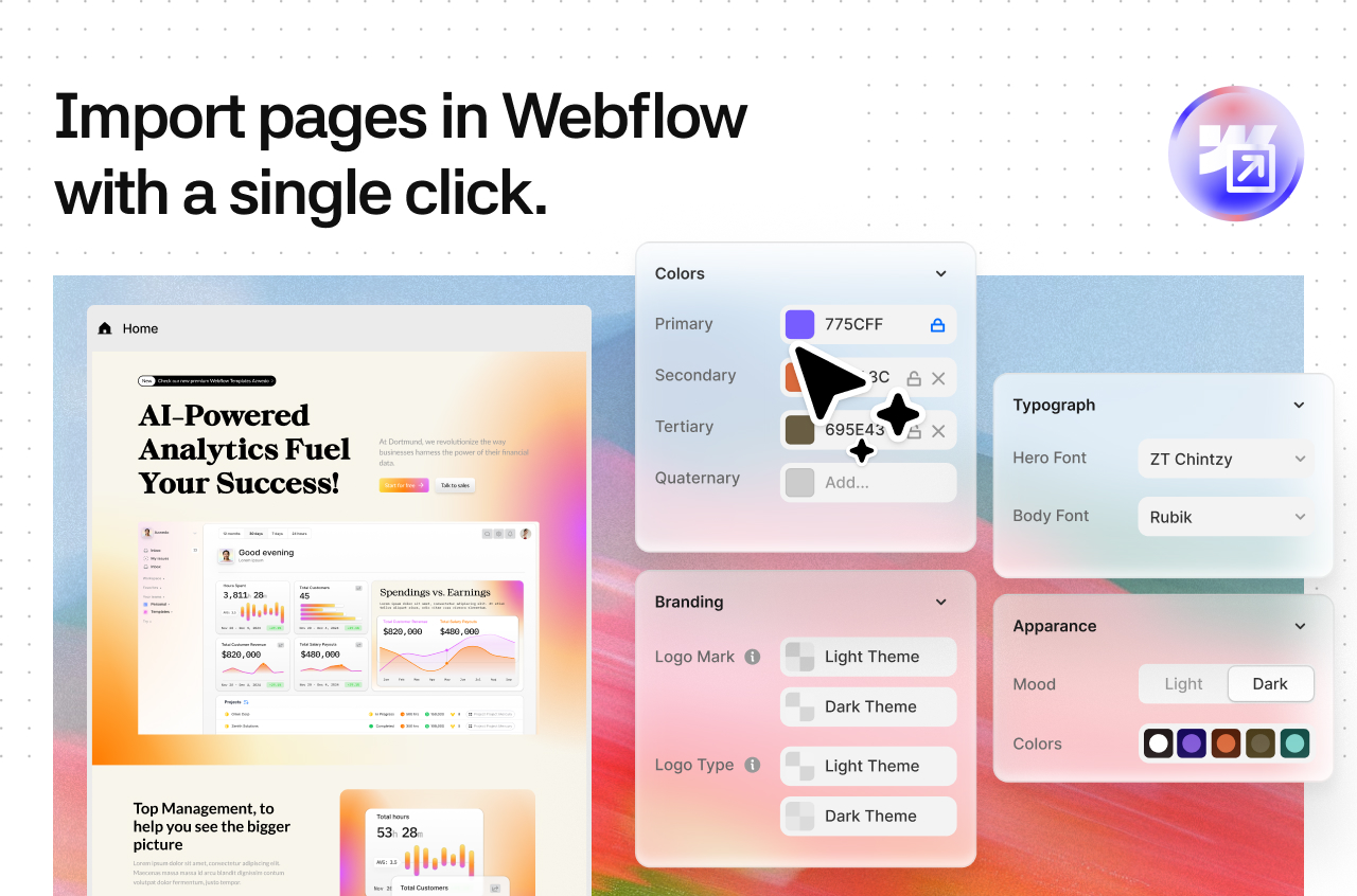 Import pages in Webflow with a single click.