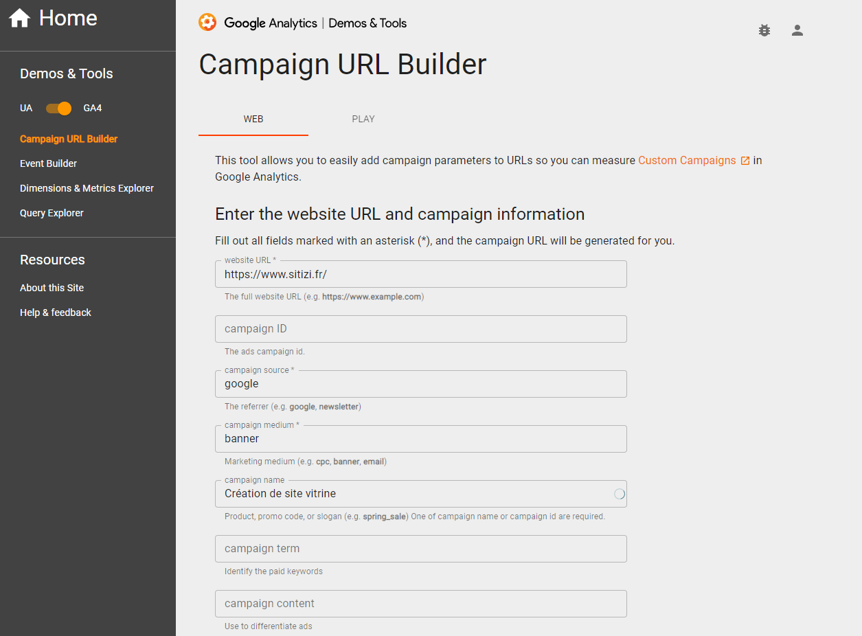 Interface de création de lien de suivi avec Google URL Builder