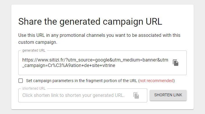Ecran de génération d'url avec Google URL Builder