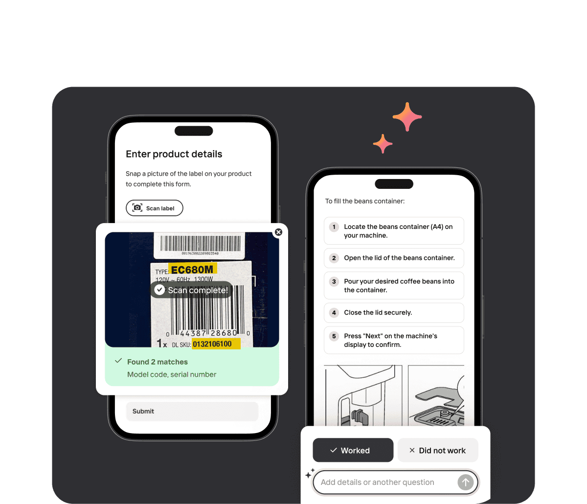 Interactive troubleshooting assistant helping a user fix a sanding machine issue, featuring guided solutions and product detail scanning via label recognition.