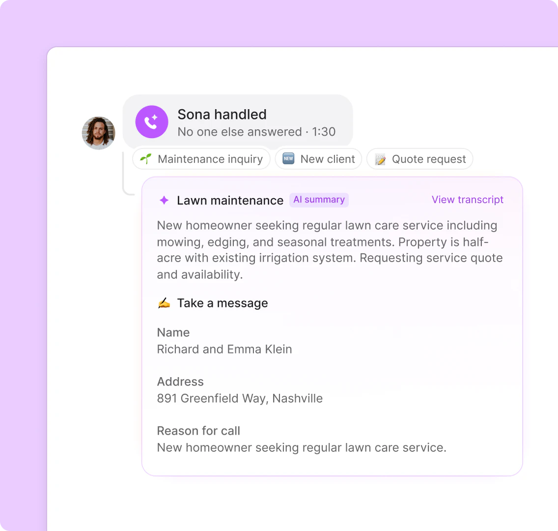 Landscaping Answering Service Sona Call Summary