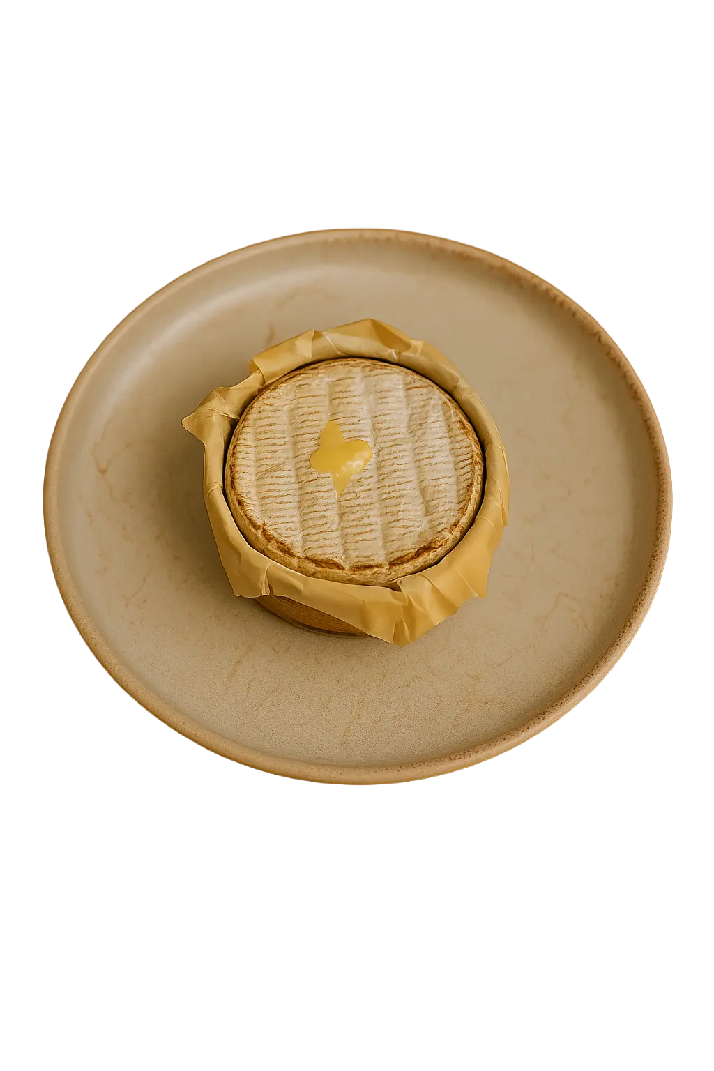 Round baked camembert cheese in a wooden container on a beige ceramic plate.