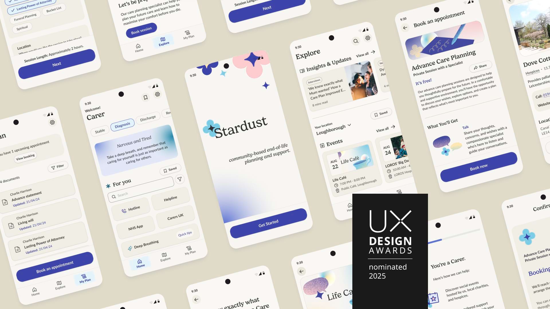 Screen mockups of the Stardust application design