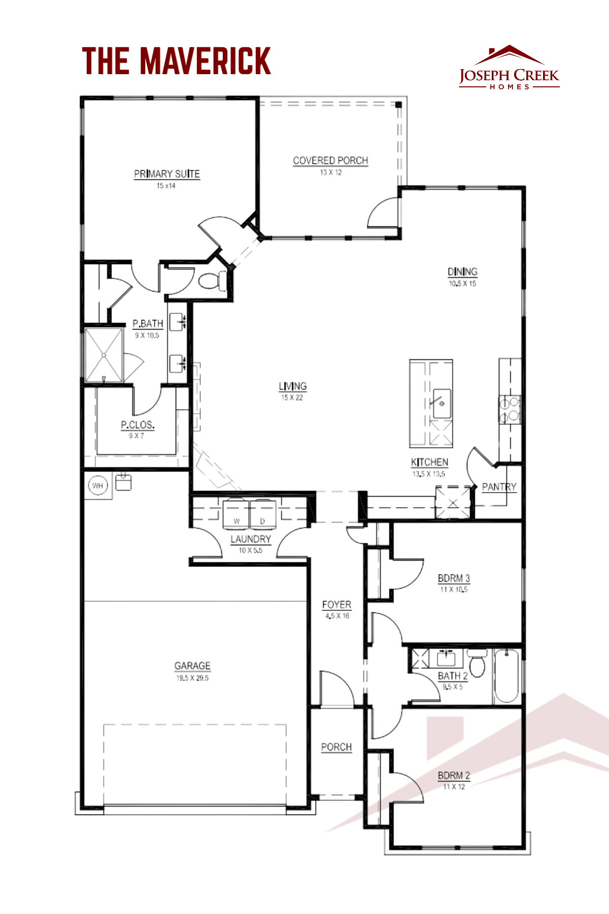 Detailed 2D architectural floorplan graphic for The Maverick home design by Joseph Creek Homes, showing room layouts and dimensions for 3 bedrooms, 2 full bathrooms, an open-concept living and dining area, kitchen with island, primary suite with walk-in closet, laundry room, covered porch, and garage.
