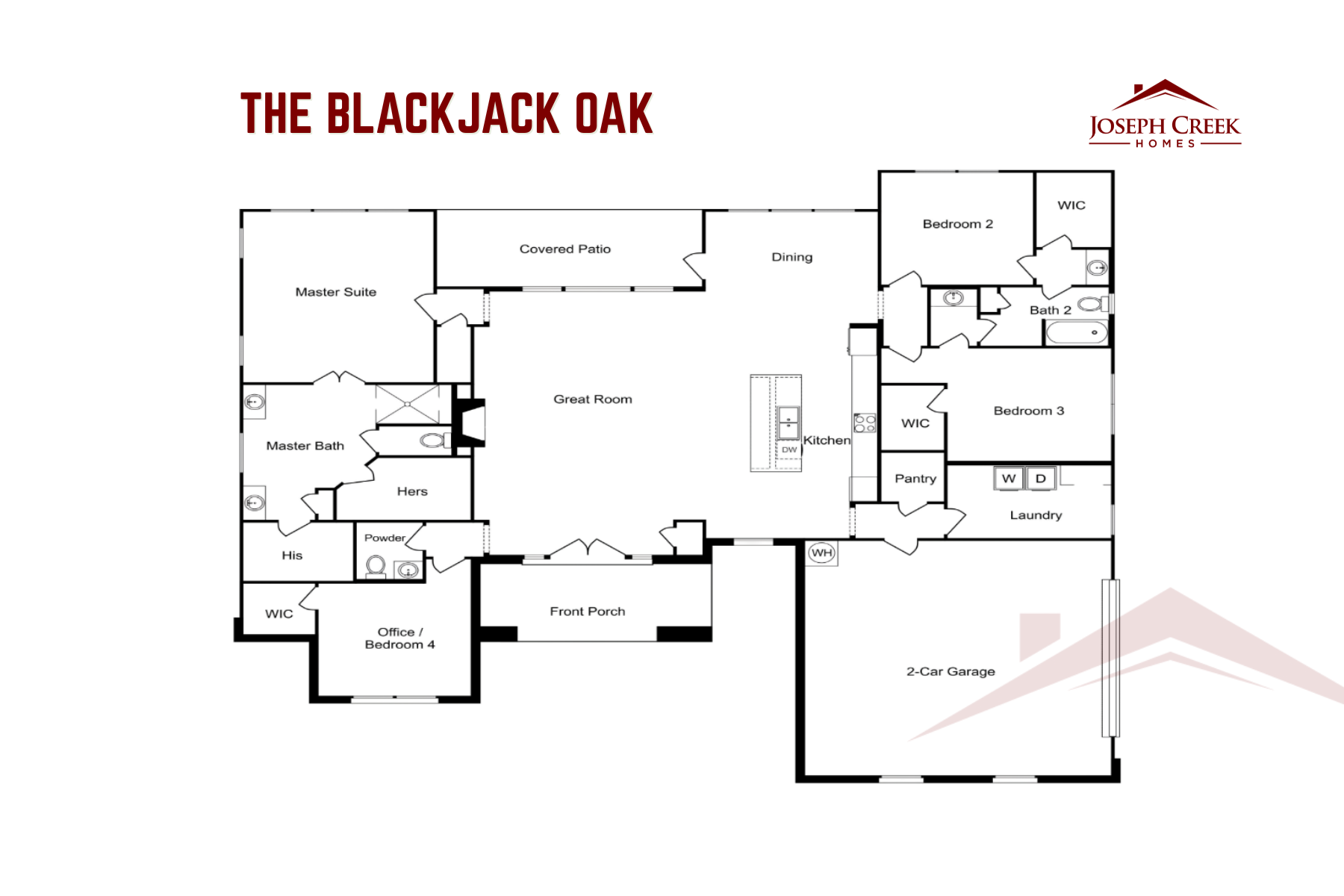 Floor plan diagram for The Blackjack Oak single-story layout by Joseph Creek Homes. The layout features a central open-concept Great Room, Kitchen with island, and Dining area leading out to a rear Covered Patio. The left wing includes a Master Suite with a Master Bath, dual 'His' and 'Hers' walk-in closets, a Powder room, and a front-facing Office/Bedroom 4. The right wing houses Bedroom 2 and Bedroom 3 with walk-in closets, Bath 2, a Pantry, a Laundry room, and access to a 2-Car Garage.
