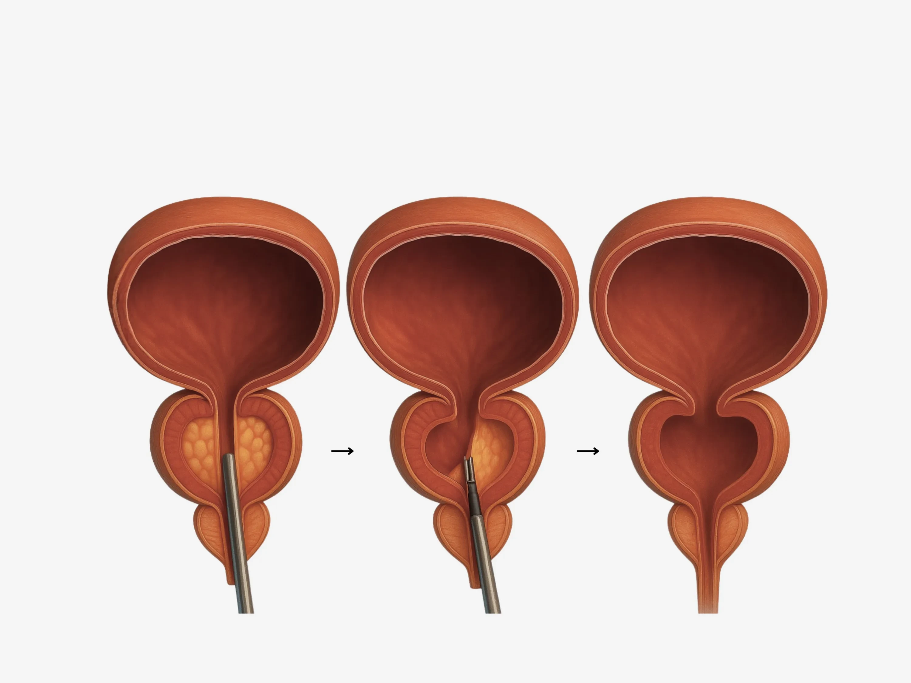 Medizinische Darstellung der Prostataausschälung, bei der vergrößertes Prostatagewebe mit einem Instrument aus der Prostata entfernt wird, um die Harnröhre wieder zu öffnen.