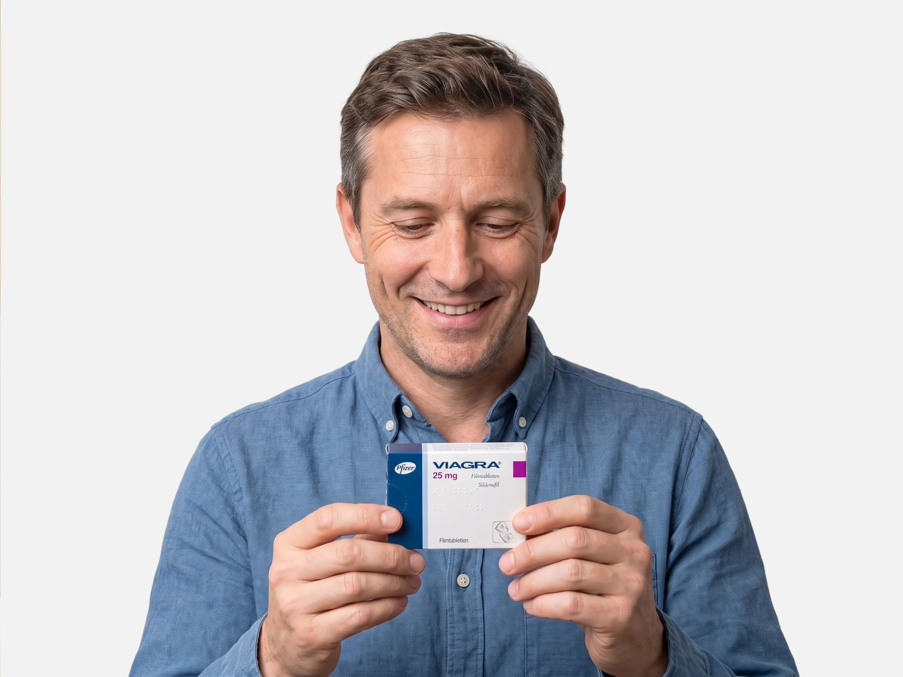 Ein lächelnder Mann in blauem Hemd betrachtet eine Packung Viagra 25 mg Filmtabletten von Pfizer.