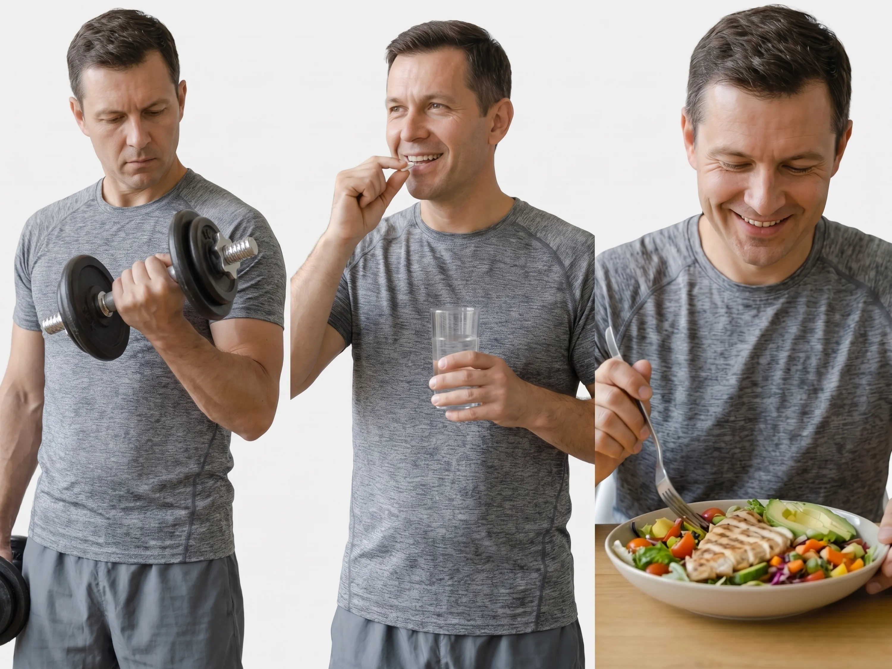 Drei Bilder zeigen einen Mann beim Hanteltraining, bei der Tabletteneinnahme mit Wasser und beim Salat-Essen.