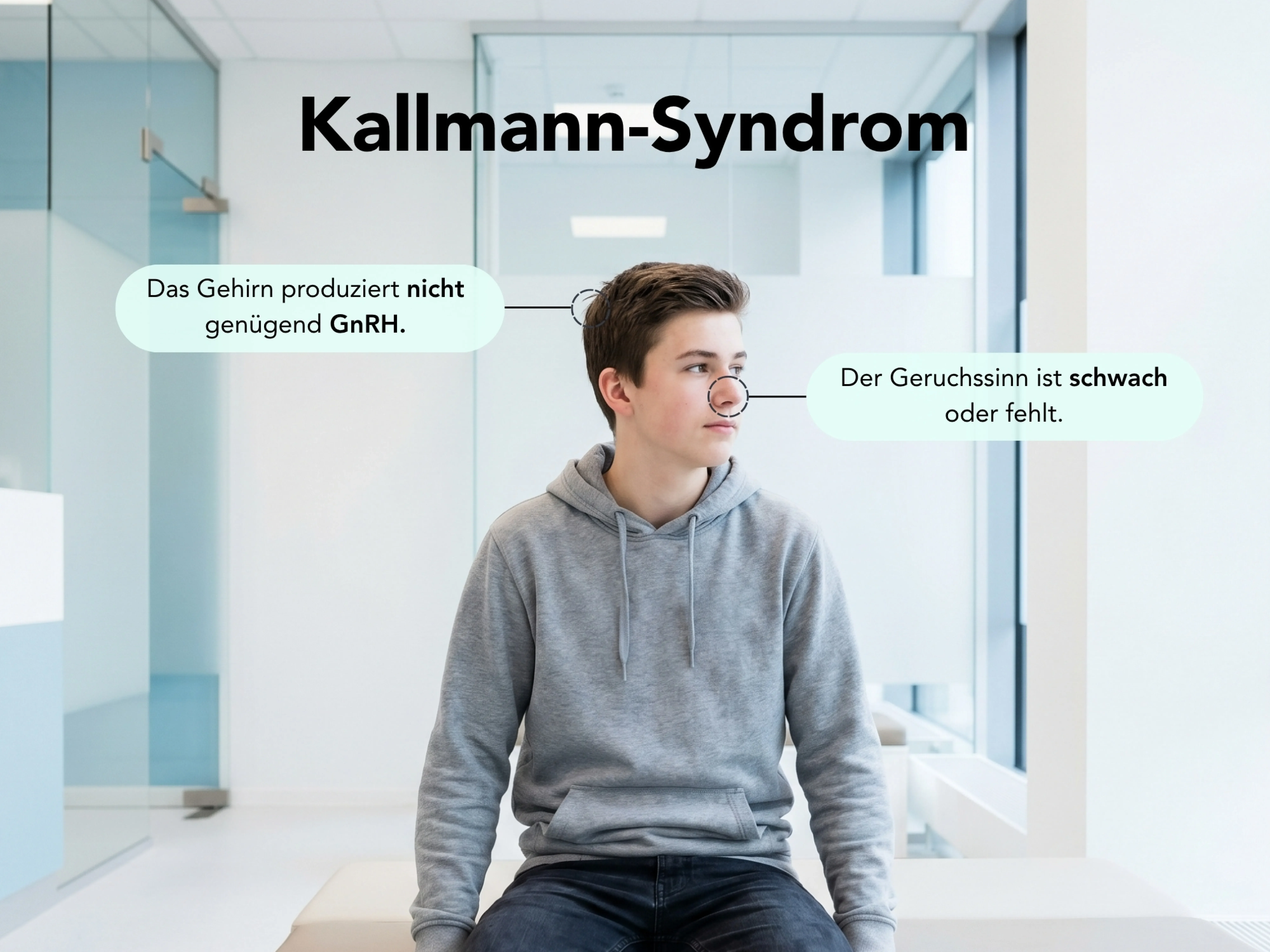 Jugendlicher sitzt in einer Arztpraxis mit Infografik zum Kallmann-Syndrom. Hervorgehoben werden eine verminderte GnRH-Produktion im Gehirn sowie ein eingeschränkter oder fehlender Geruchssinn als typische Merkmale.