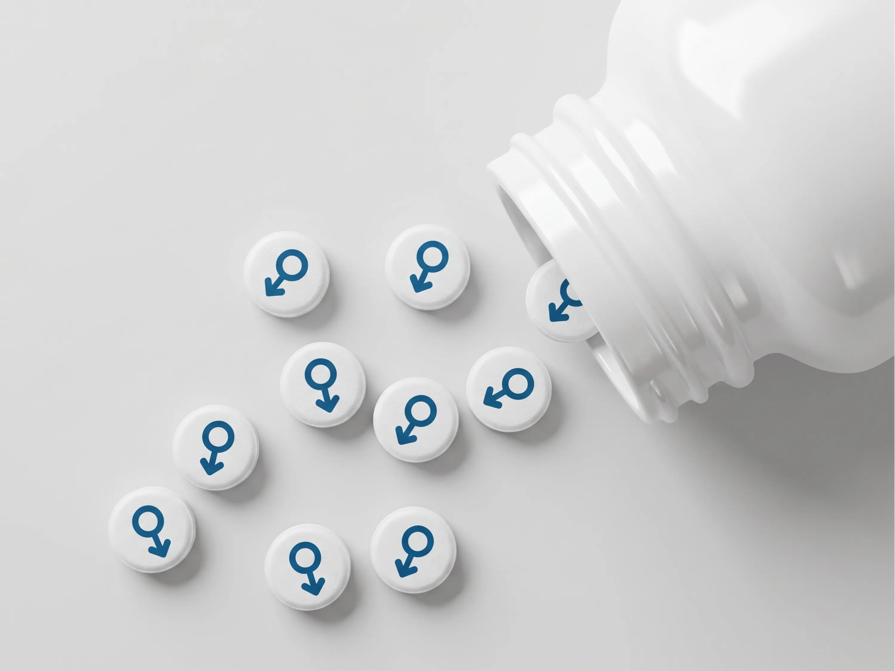 Zahlreiche weiße Tabletten mit männlichem Symbol fallen aus einer umgekippten Flasche.