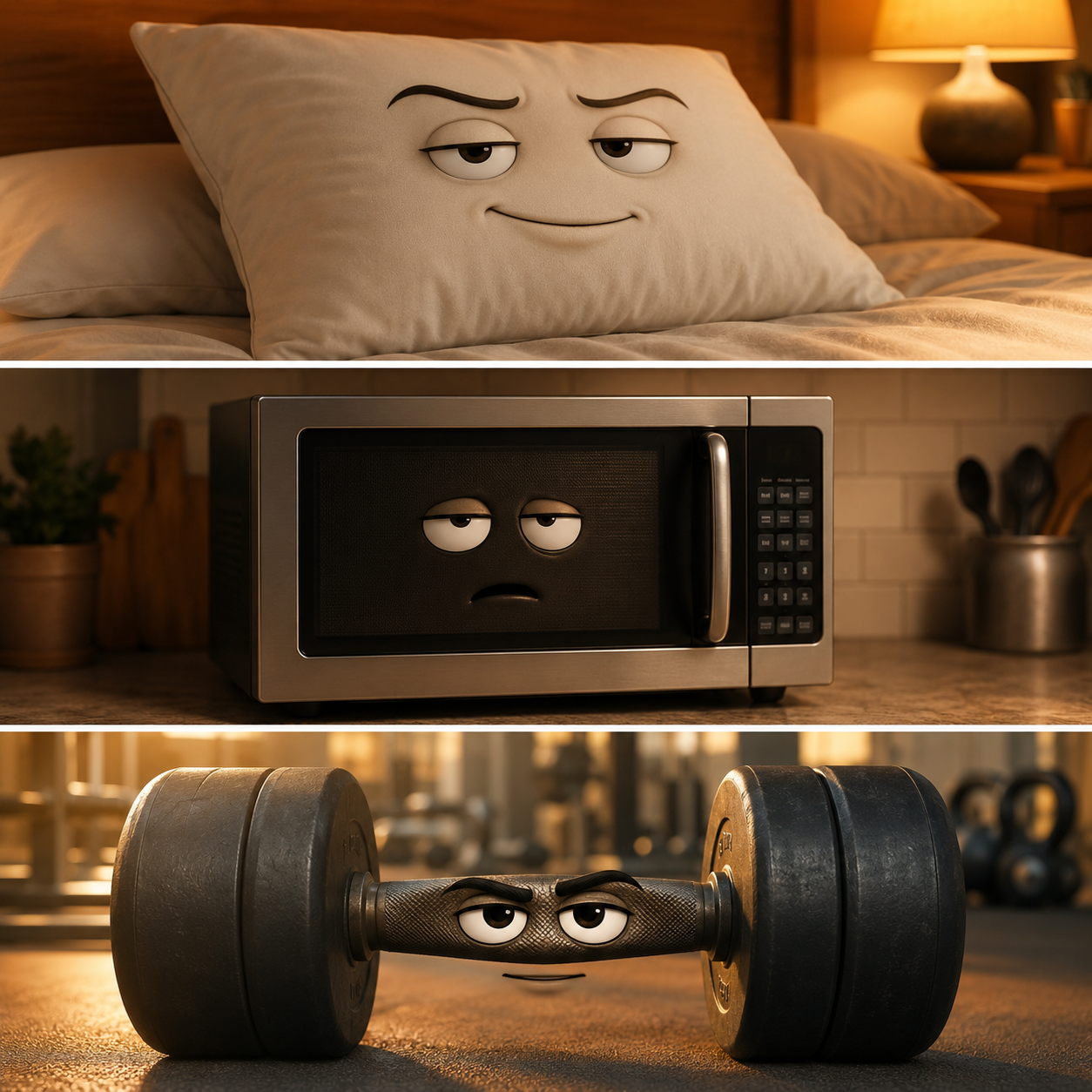 Three split panels showing an AI talking pillow, talking microwave, and talking gym dumbbell with comedic expressions