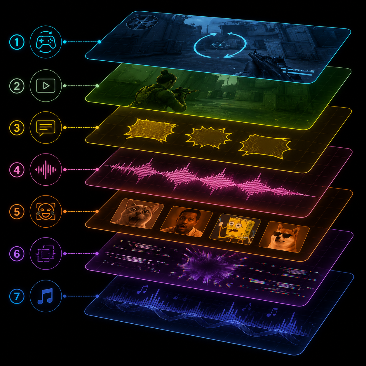 Annotated brainrot edit anatomy showing stacked Subway Surfers gameplay, talking head video, kinetic captions, meme overlays, and audio waveforms with labels