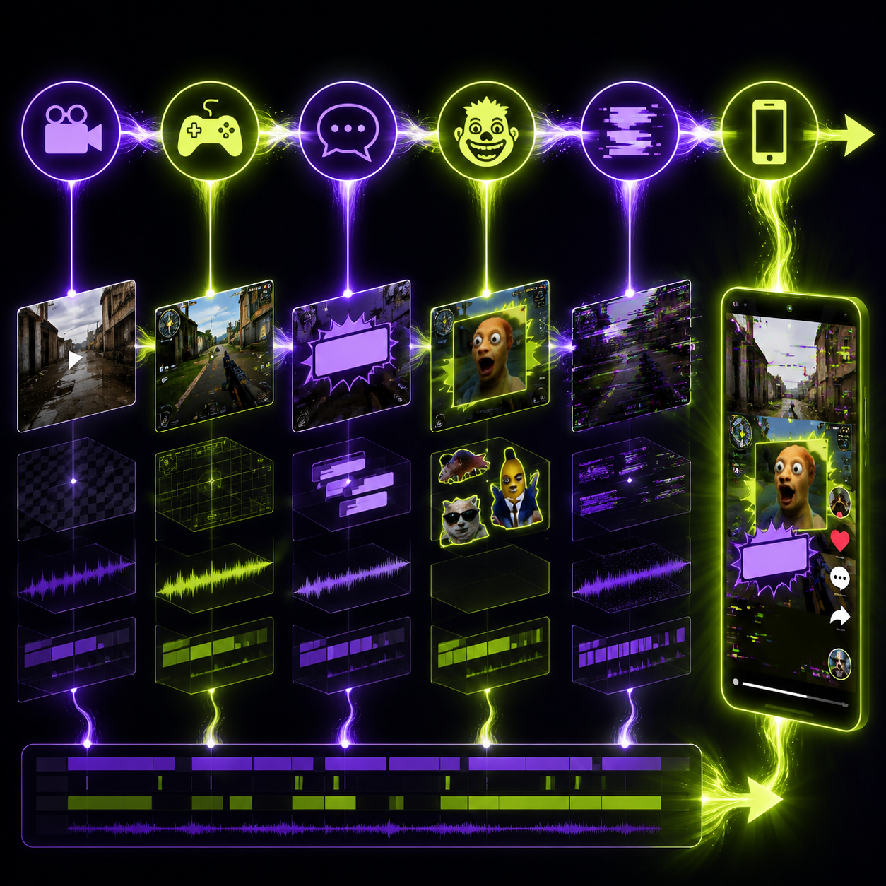 Step-by-step workflow diagram showing primary content selection, gameplay layering, audio stacking, captioning, meme insertion, and export to vertical short