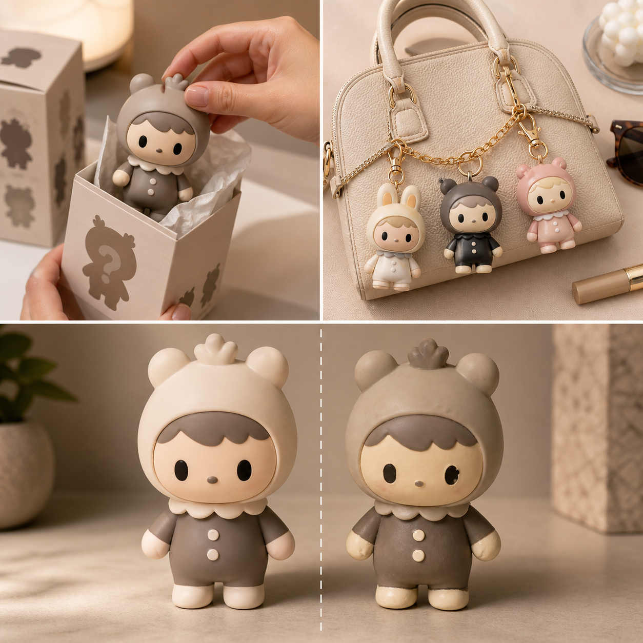 Three Labubu content formats shown in stylized representation: an unboxing reveal, a designer handbag with toy attached, and a side-by-side authentication comparison