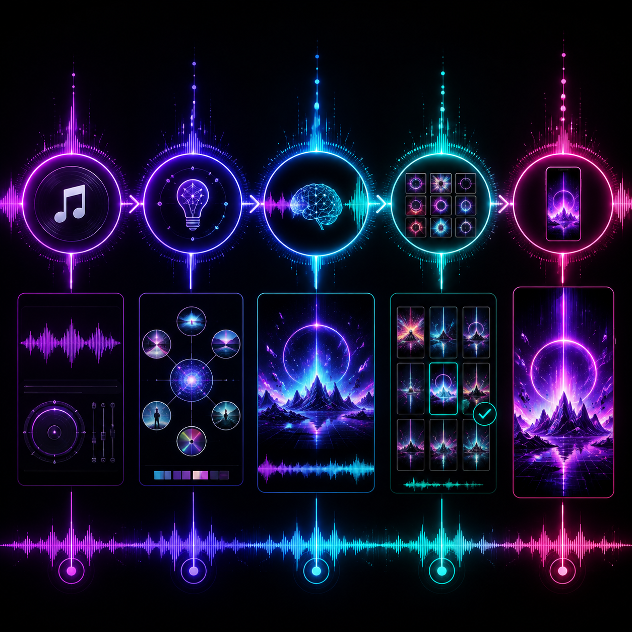 Workflow visualization: track selection → visual concept mapping → AI generation with audio input → variation testing → editor for final export