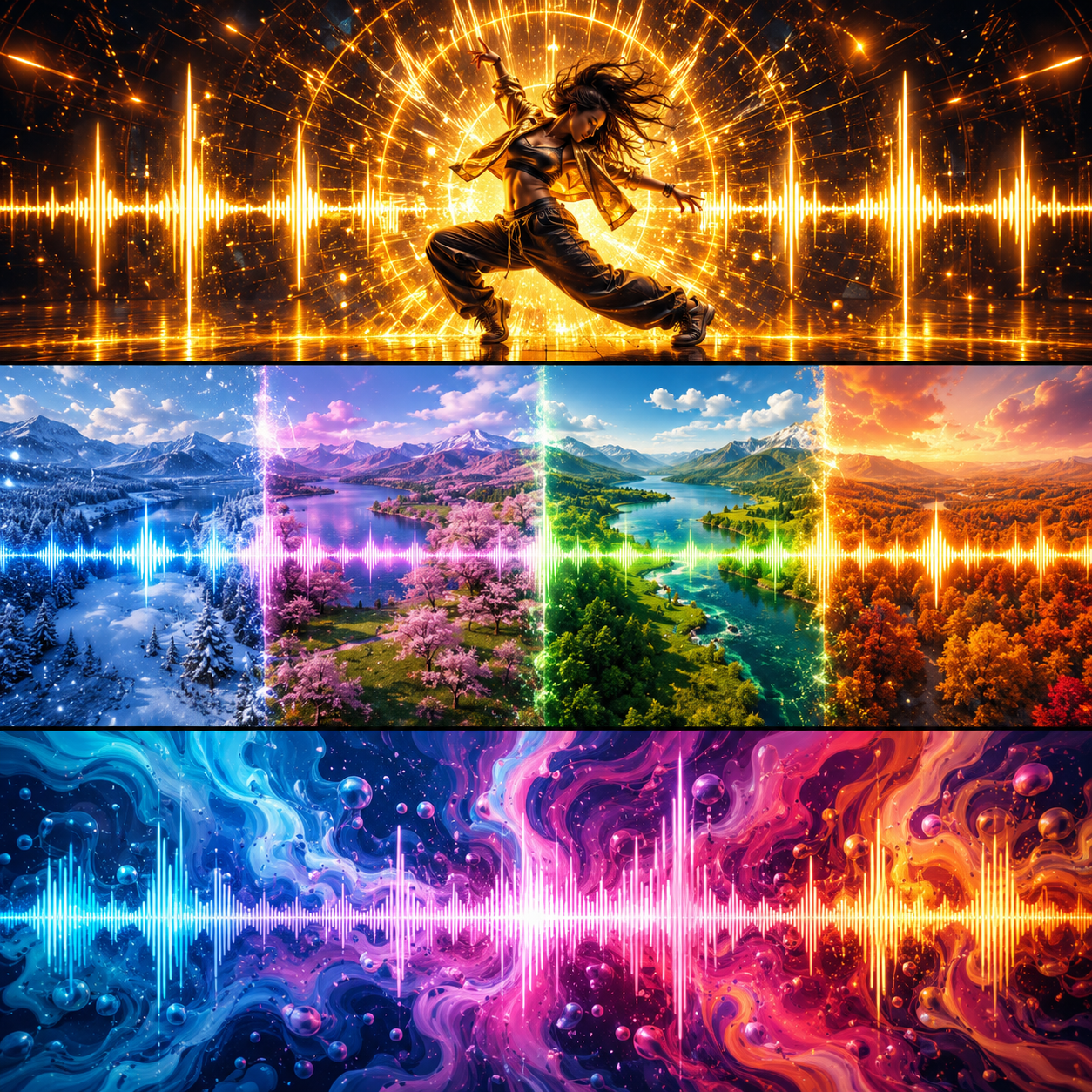 Three audio-reactive video examples shown as still frames: a dancer with light bursts on each beat, a landscape morphing on bassline, and a colorscape pulsing with vocal samples