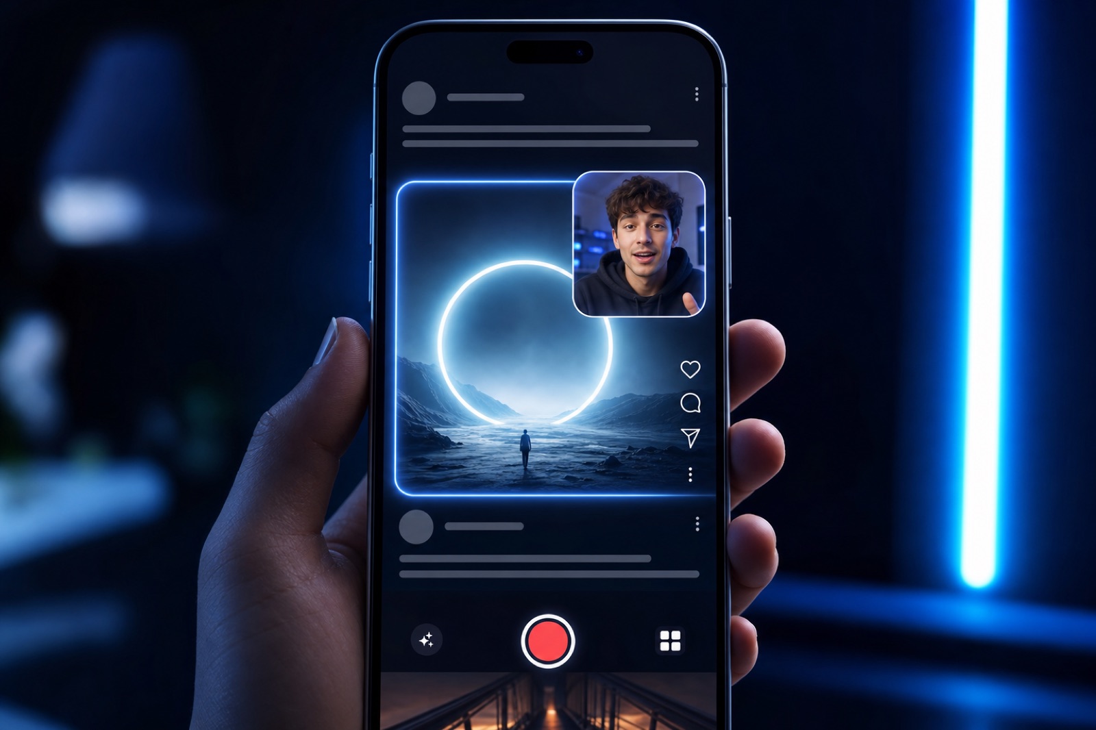 Smartphone showing a picture-in-picture video reaction being recorded over a social post