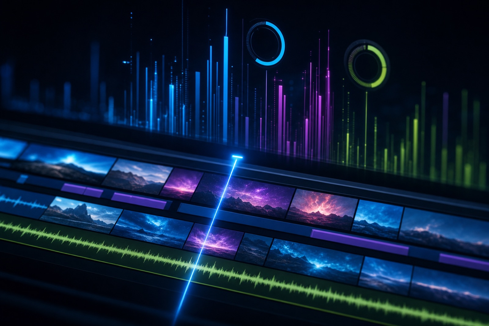 Glowing video editing timeline with floating data gauges measuring editing techniques