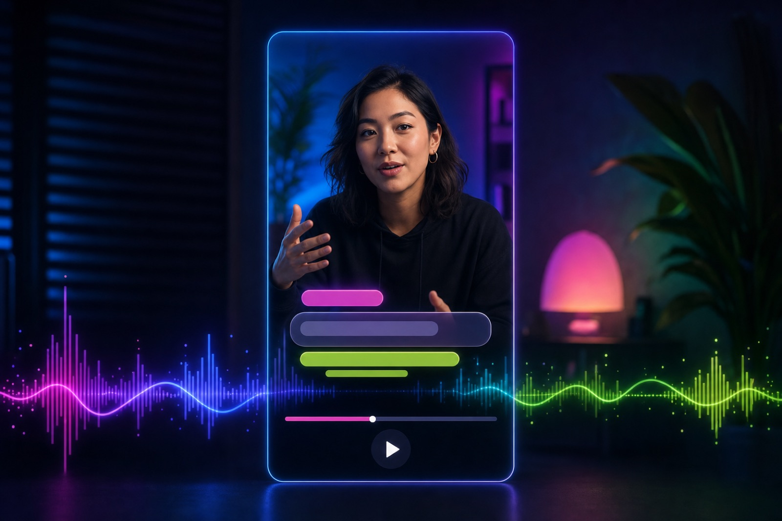Vertical video player with stylized animated caption shapes popping on over a waveform