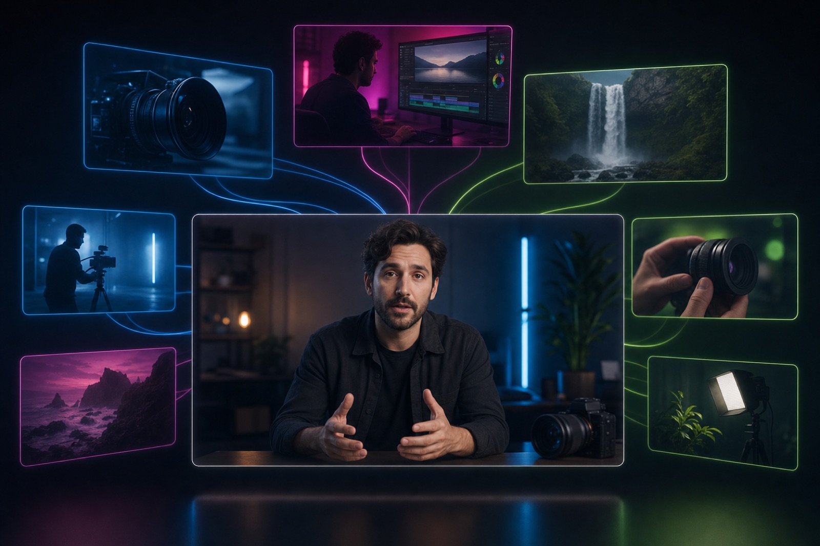 A central talking-head video frame with translucent B-roll clips layering above and behind it, connected by glowing light