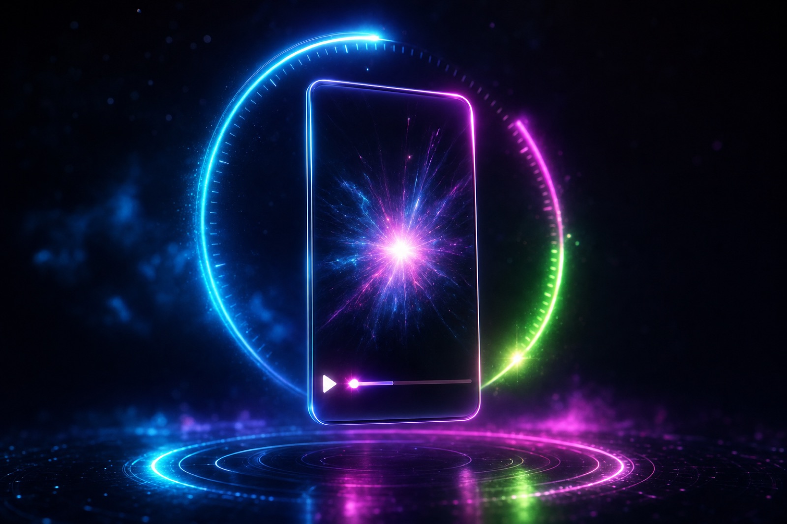 Glowing vertical video player with a sweeping timer arc and a bright spark, representing a scroll-stopping hook in the first seconds