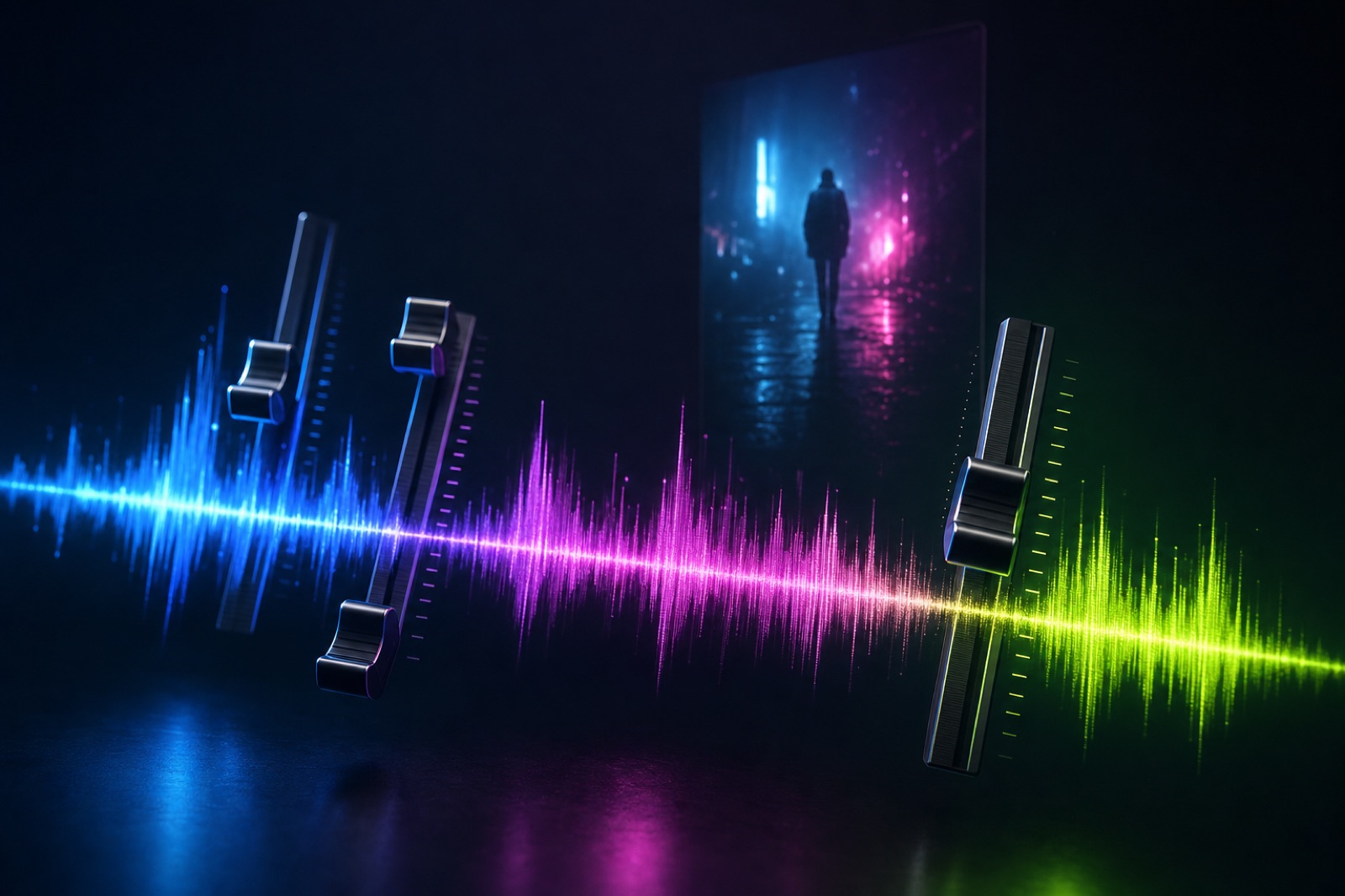 Glowing audio waveform flowing across the frame with floating mixing sliders and a faint vertical video frame behind