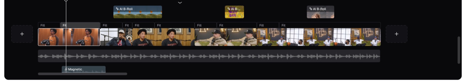 Multi-track editing timeline in OpusClip with AI B-Roll segments, video clips, and an audio waveform