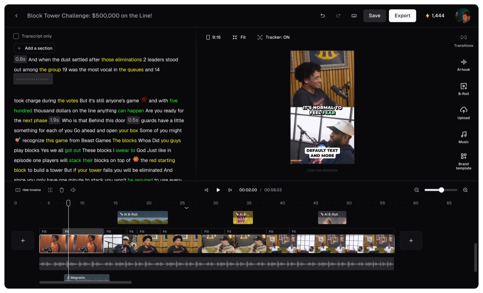 The OpusClip AI video editor: transcript-based editing, a 9:16 caption preview, AI B-Roll, and a multi-track timeline