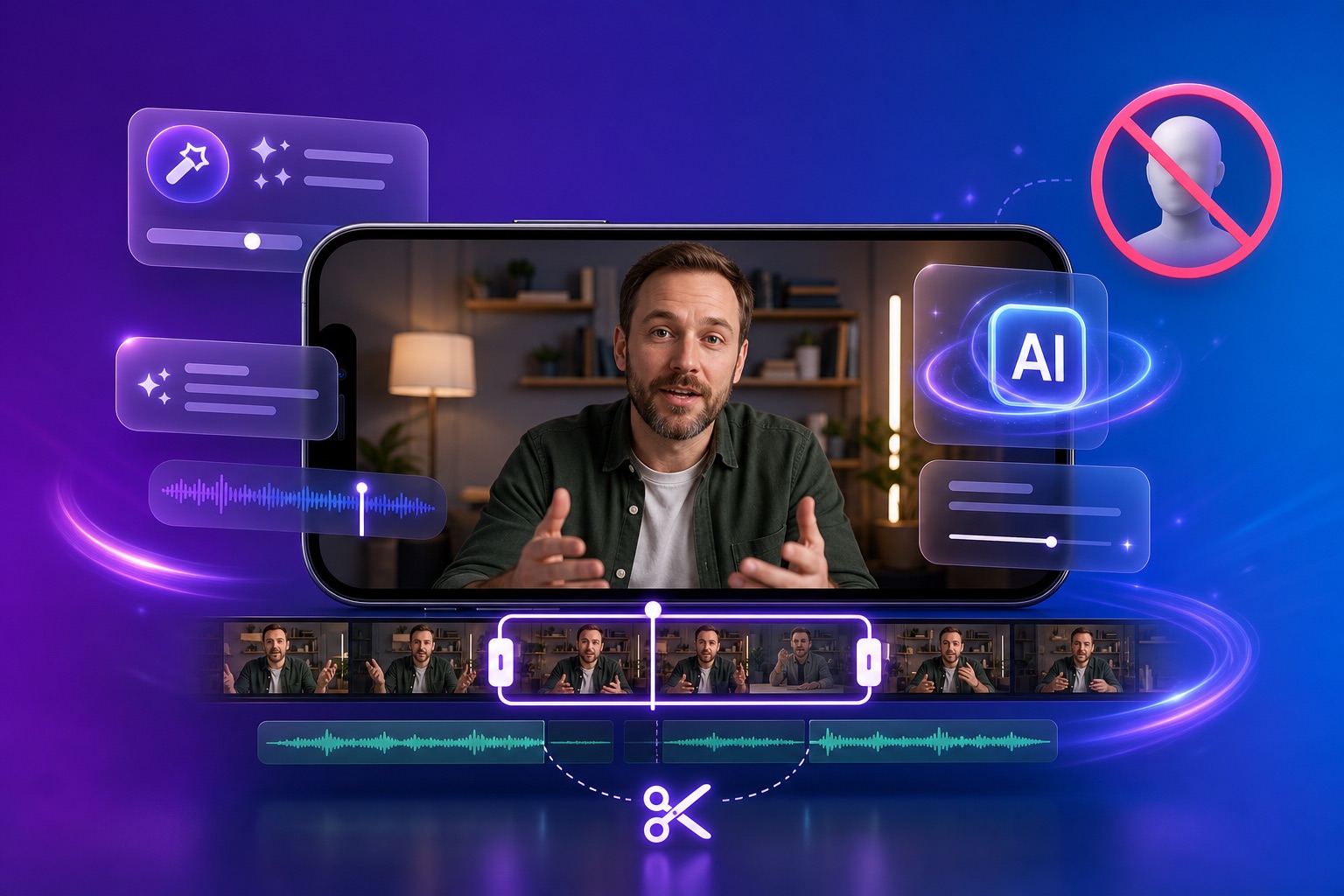 AI editing a real person's video footage with a crossed-out avatar icon, signalling AI video editing without avatars