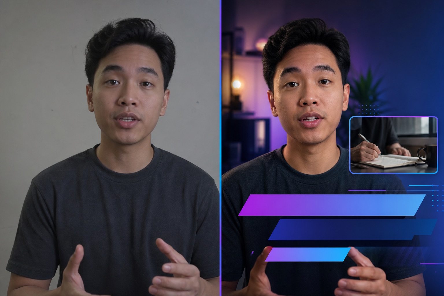 Before and after of a talking-head video frame: a plain raw recording on the left, a polished captioned version on the right