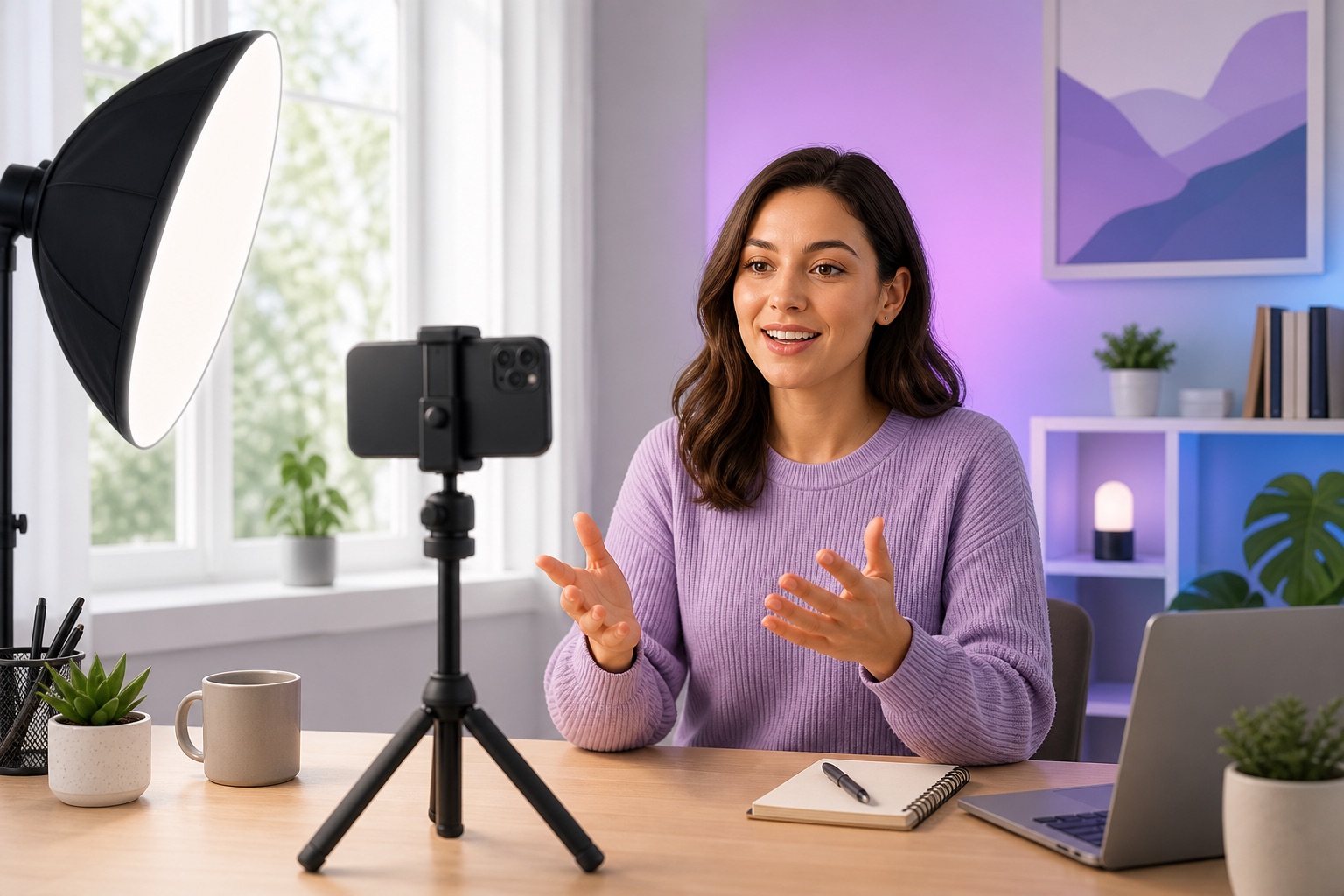 Talking-head video recording setup: a smartphone on a tripod at eye level with a ring light and window light, a creator speaking to camera