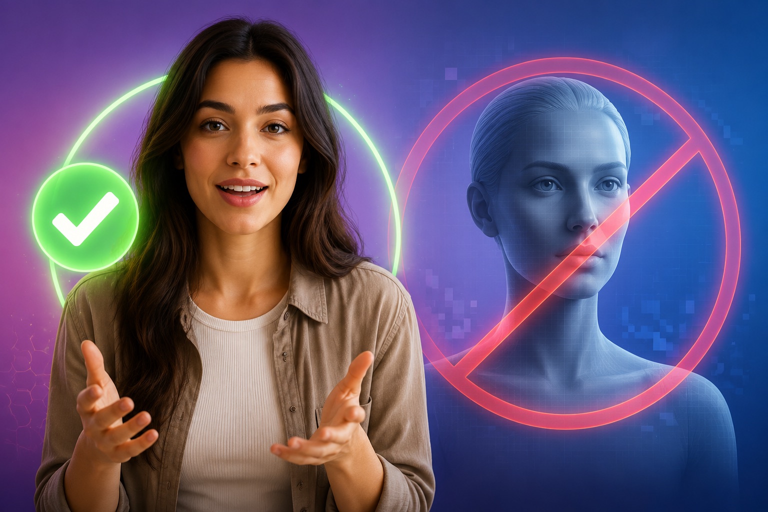 Real footage of a creator marked with a check versus a synthetic avatar marked with a crossed-out icon