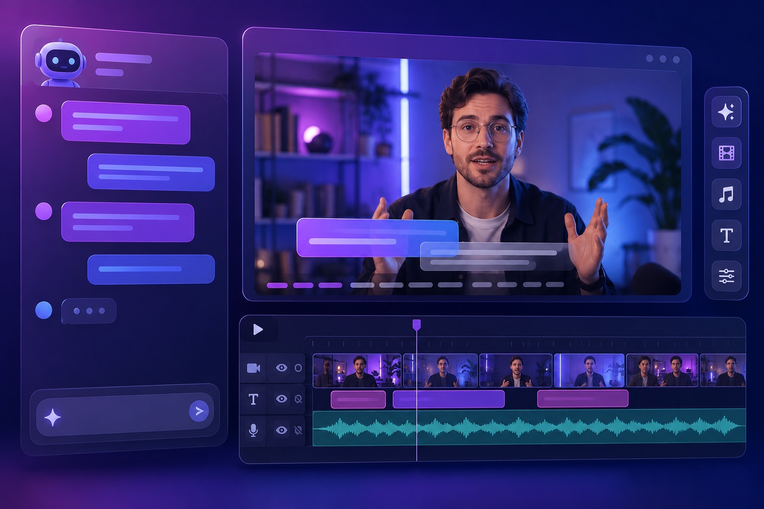 Directing an AI producer: a chat panel beside a talking-head video with captions and a multi-track timeline