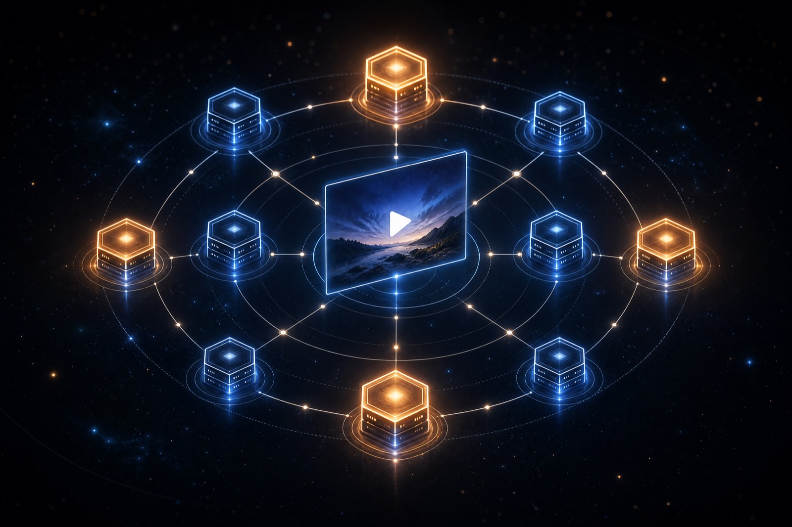 A constellation map of connected server nodes arranged in layers around a central video frame, illustrating the video MCP landscape