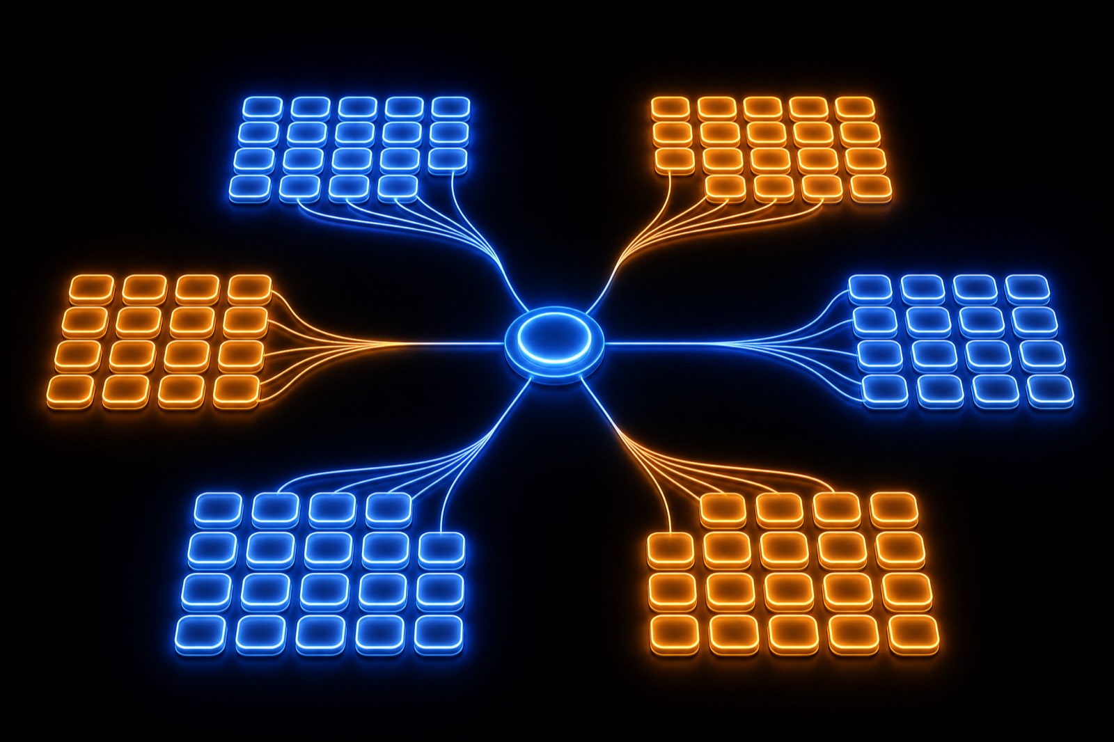 An orderly grid of glowing tiles grouped by colour and wired to a central connector, illustrating a complete catalogue of MCP tools