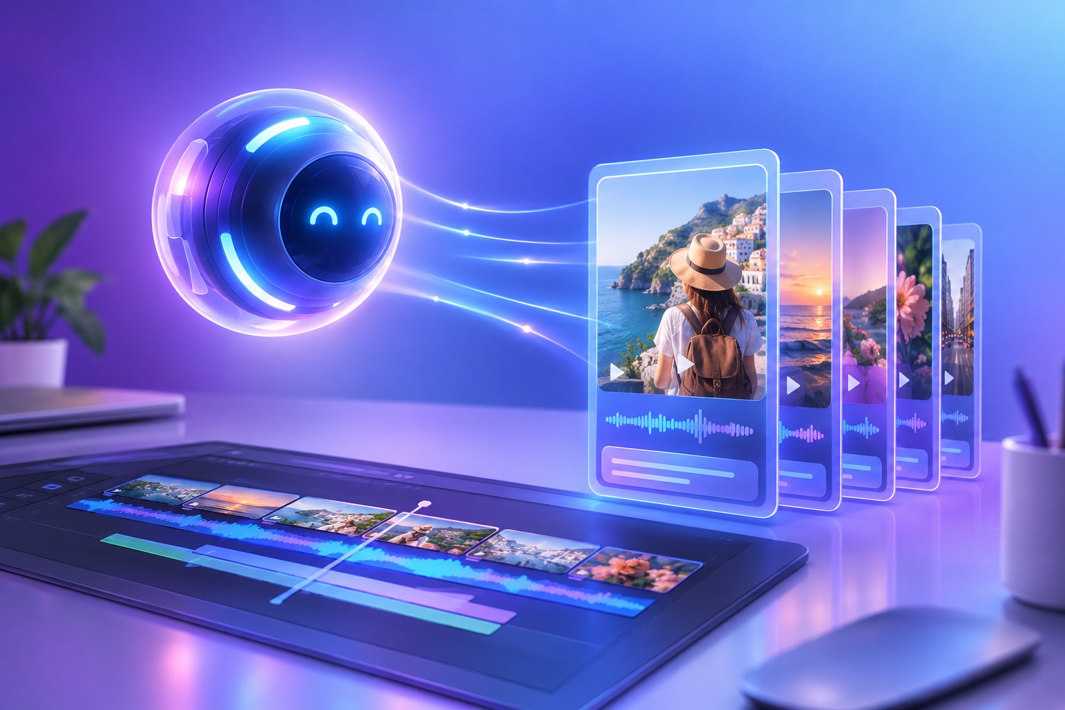 An always-on AI agent represented as a glowing orb directing a stack of vertical video clips on a timeline